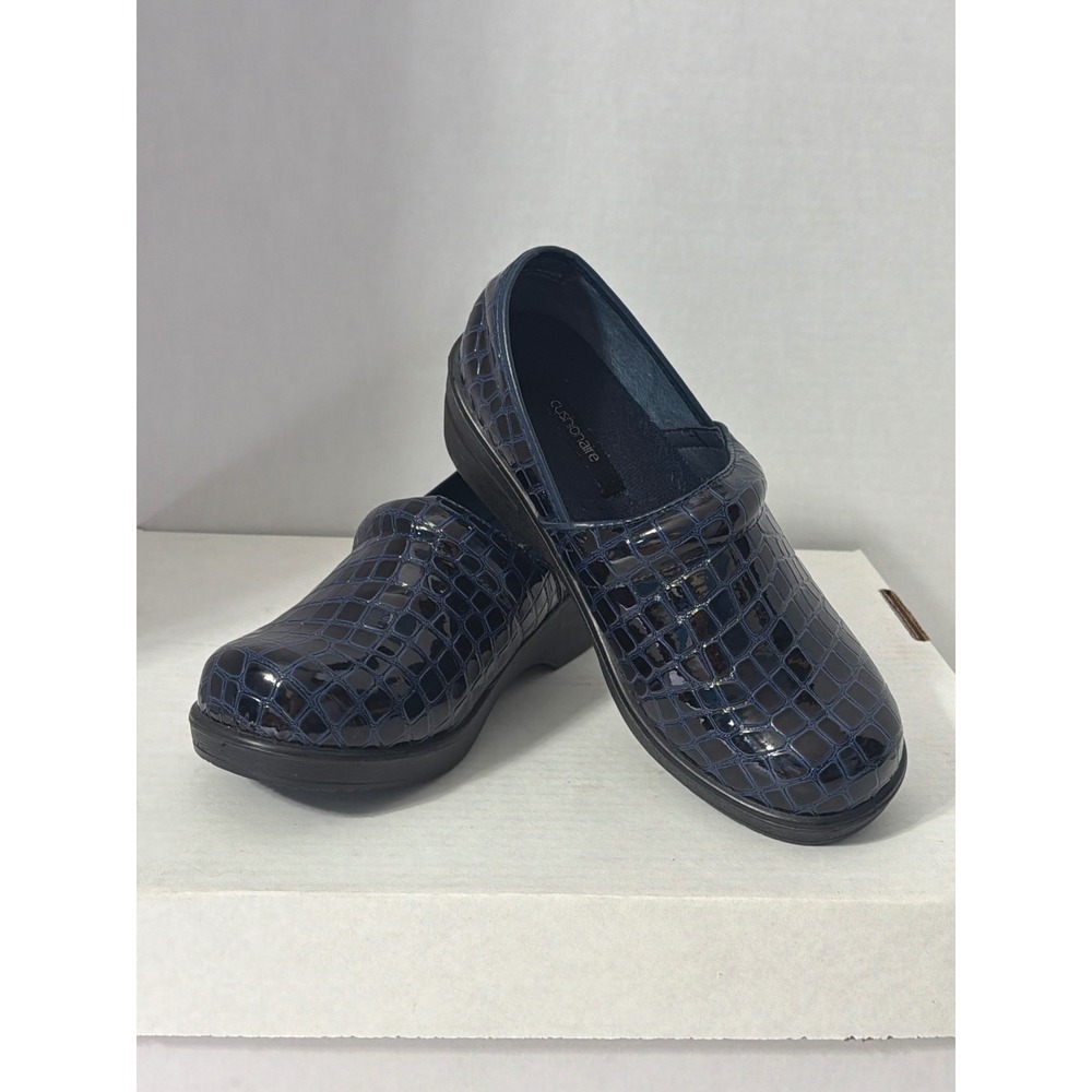 Cushionaire Navy Blue Croc Embossed Patent Slip Resistant Clogs Shoes 8.5M